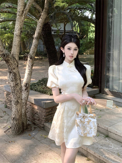 Puff Sleeve Cream Cheongsam CD005 Short Dress (S, M)