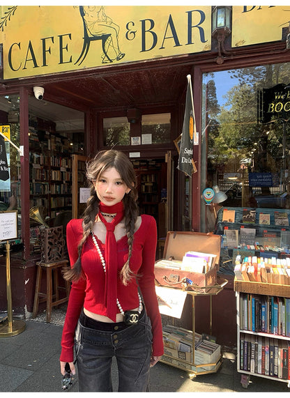 Knitted Long Sleeve Top with strap (Black, Red)