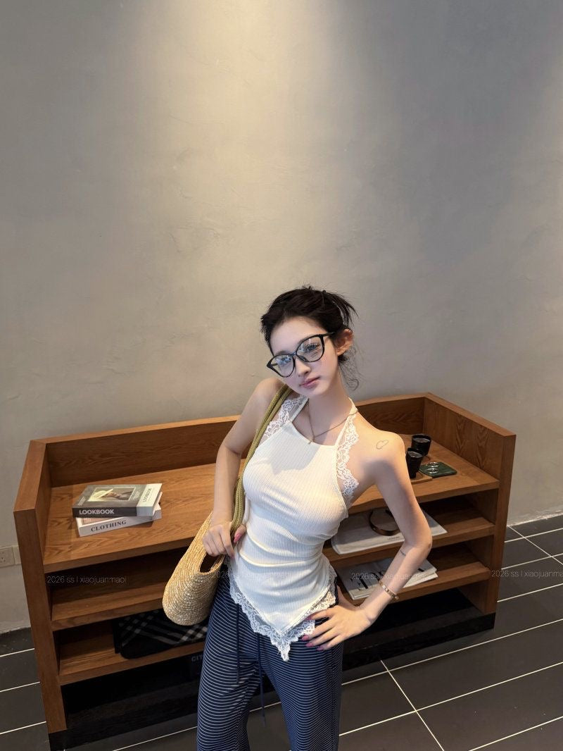 White Mix Laces Knitted Unequal Top (S)
