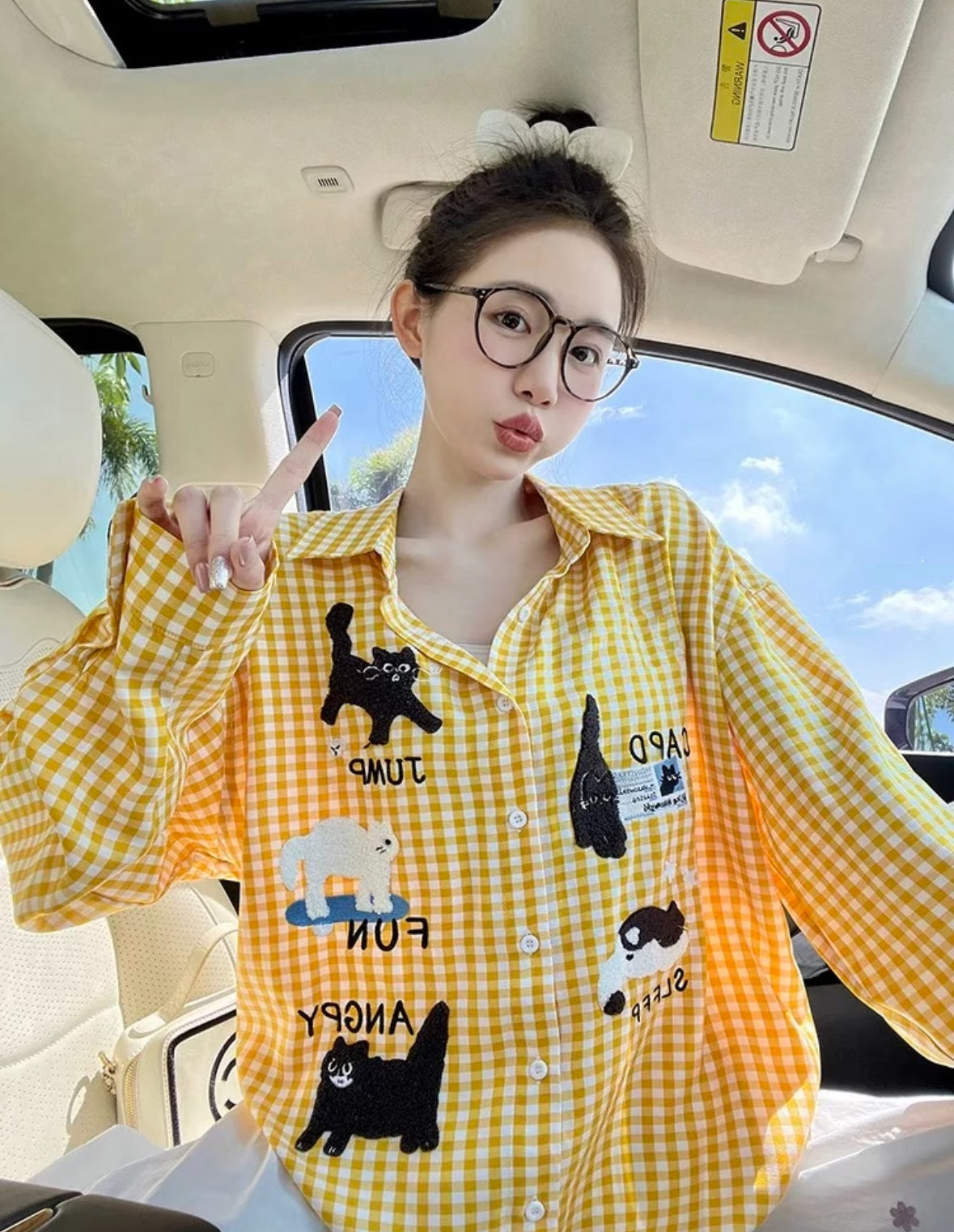 Cute Print Ginham Long Sleeve Shirt (Blue, Yellow)