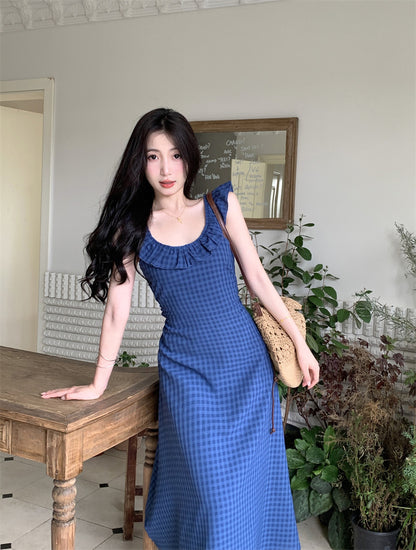 U Collar Navy Long Dress (L)