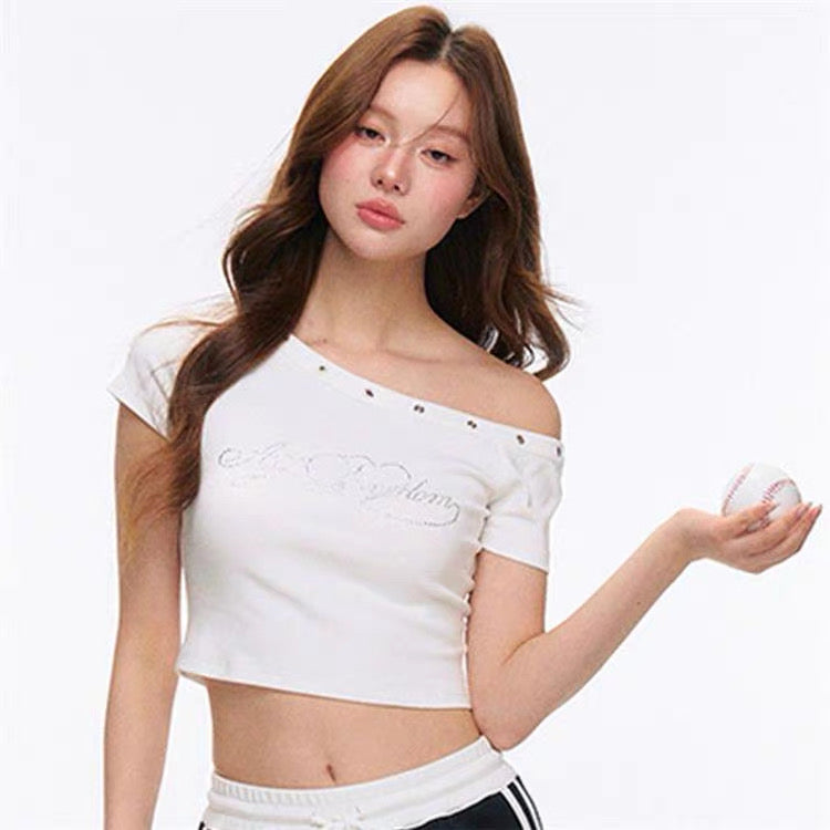 White Off Side Shoulder Diamond Print Top