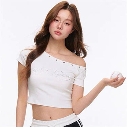 White Off Side Shoulder Diamond Print Top
