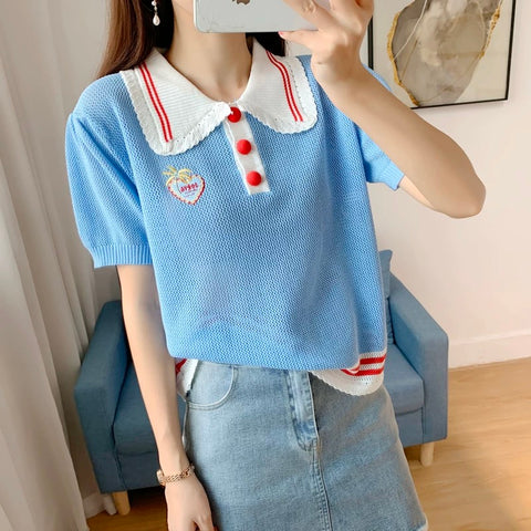 Blue Thin Knitted Short Sleeve Top