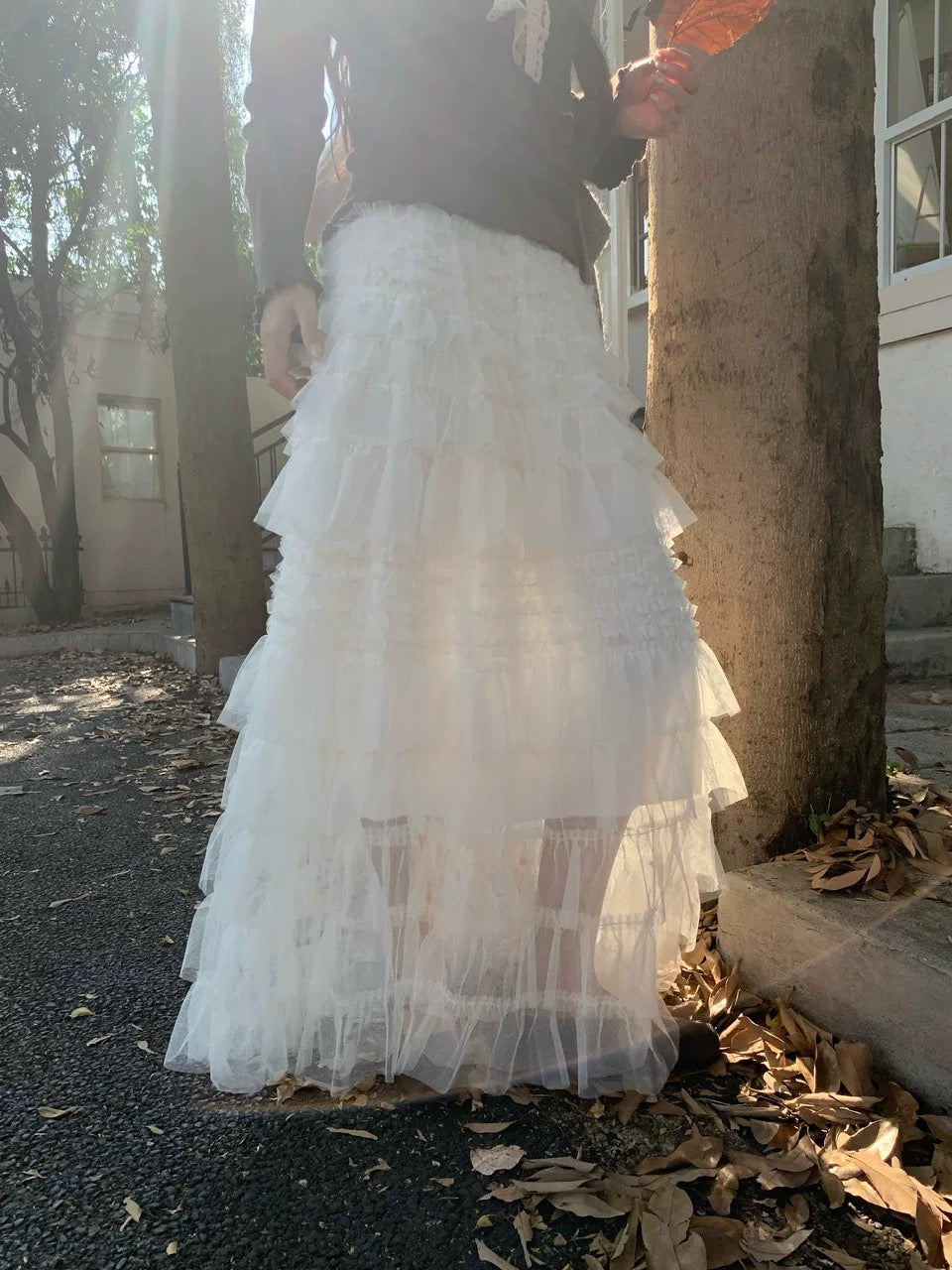 Creamy Layered Mesh Long Skirt