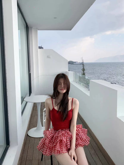 Red Top + Ginham Mesh Mini Skirt SK16