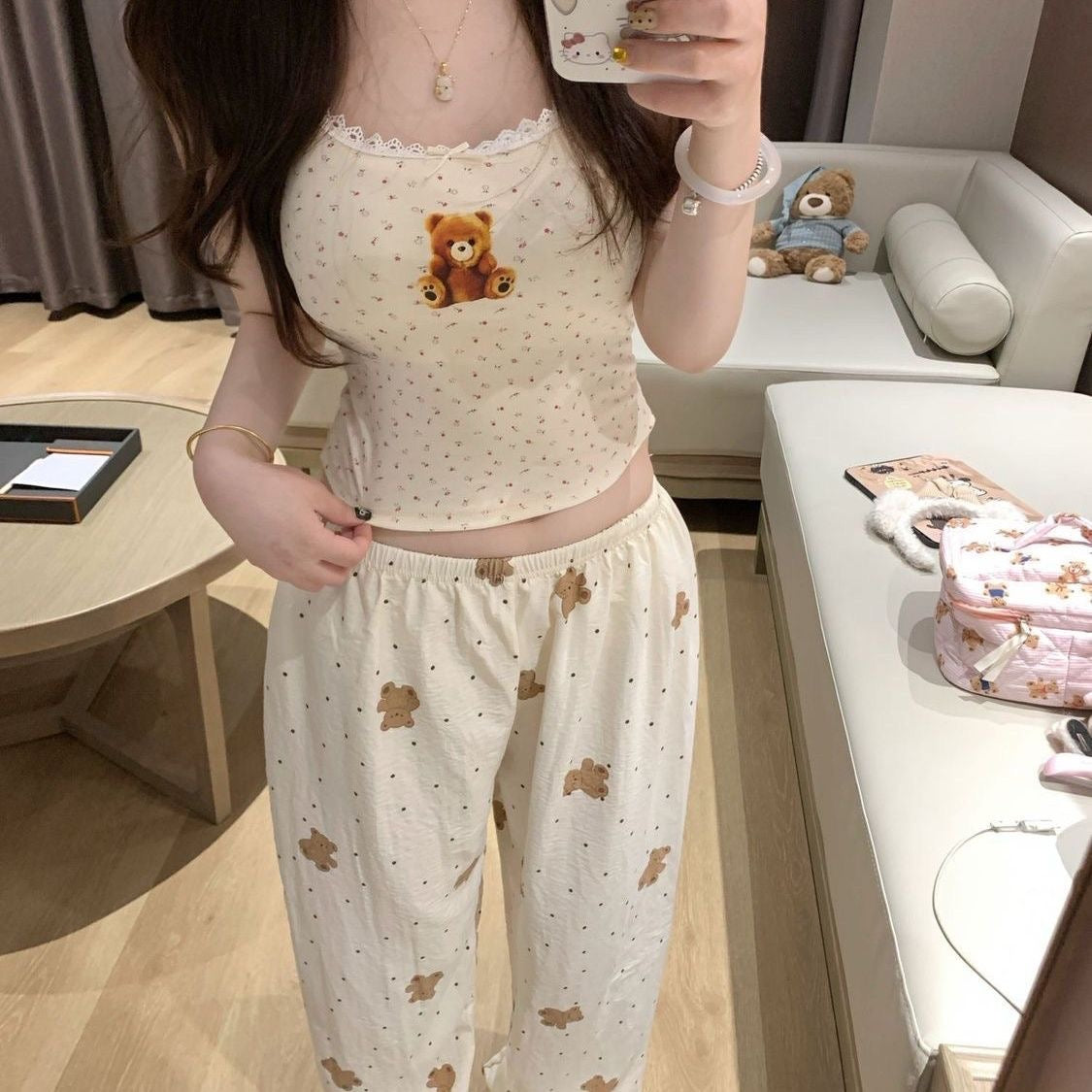 Teddy Strap Top + Pants Two Pieces Set Homewear Pyjamas