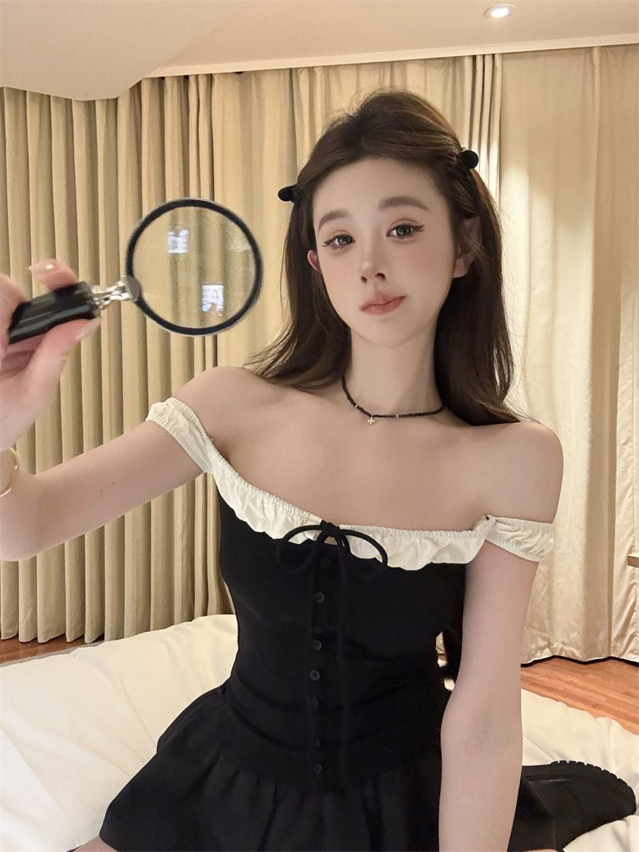 White Mix Black Off Side Shoulder Top