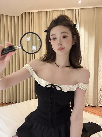 White Mix Black Off Side Shoulder Top