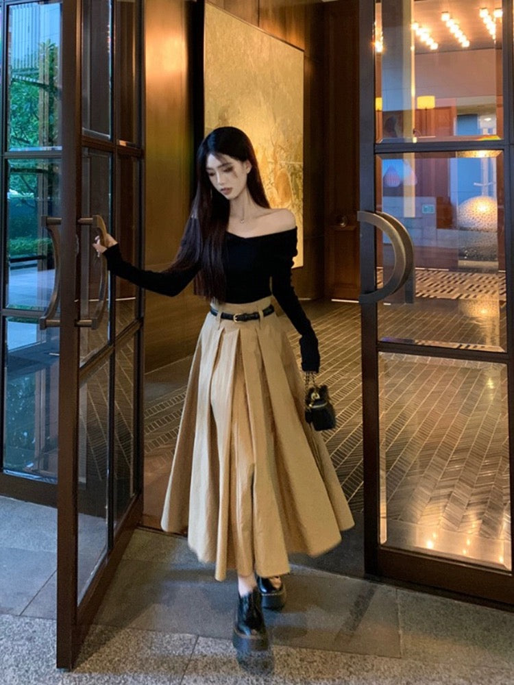 Brown High Waist Long Skirt With Belt