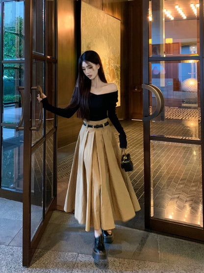 Brown High Waist Long Skirt With Belt