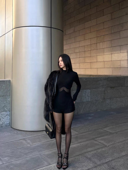 Halter Black Waist Cut Long Sleeve Romper