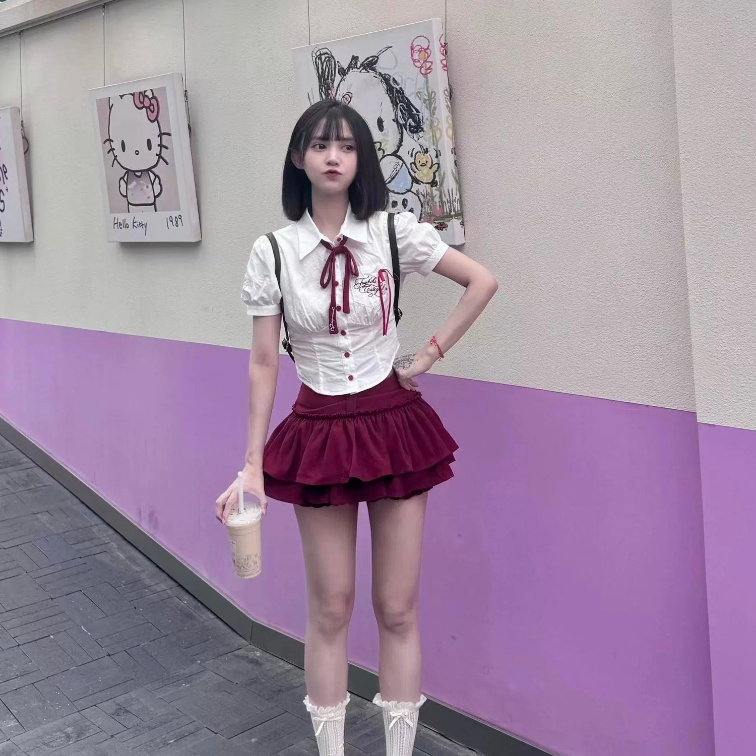 Wine Red Bow Middle Waist Puff Latern Skirt Short SK24 (S, M)