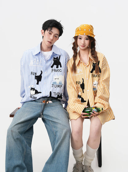 Cute Print Ginham Long Sleeve Shirt (Blue, Yellow)