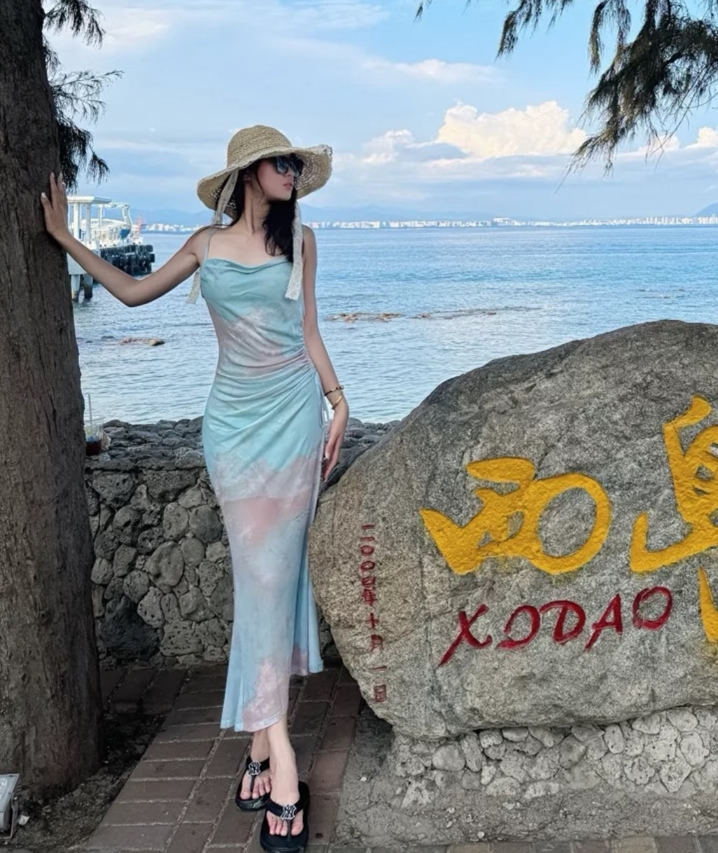 Mesh Side Tie Strap Long Dress (Pink, Blue, Grey)