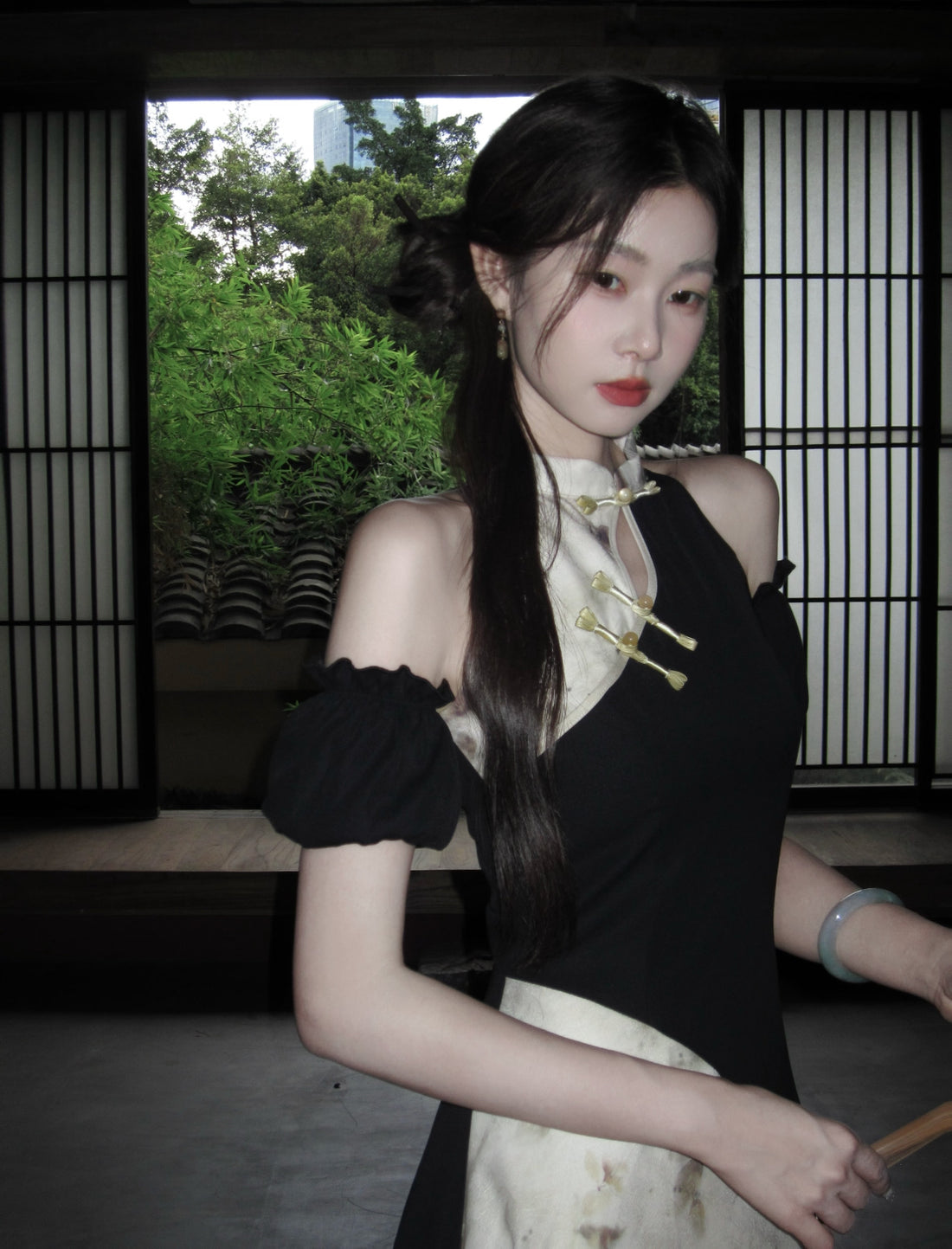 Black Mix Cheongsam CD040 Long Dress (M)