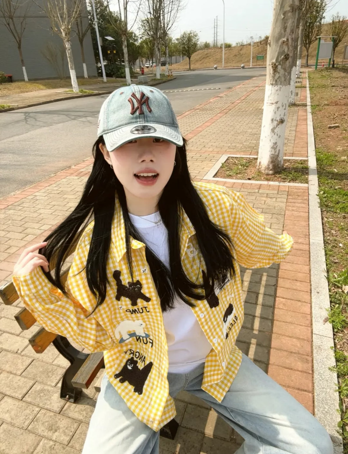 Cute Print Ginham Long Sleeve Shirt (Blue, Yellow)