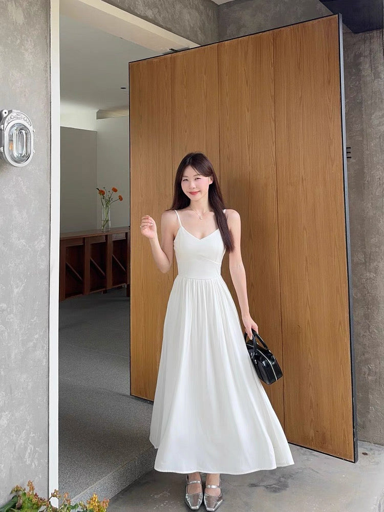 V Collar  Strap Long Dress (Yellow, White)