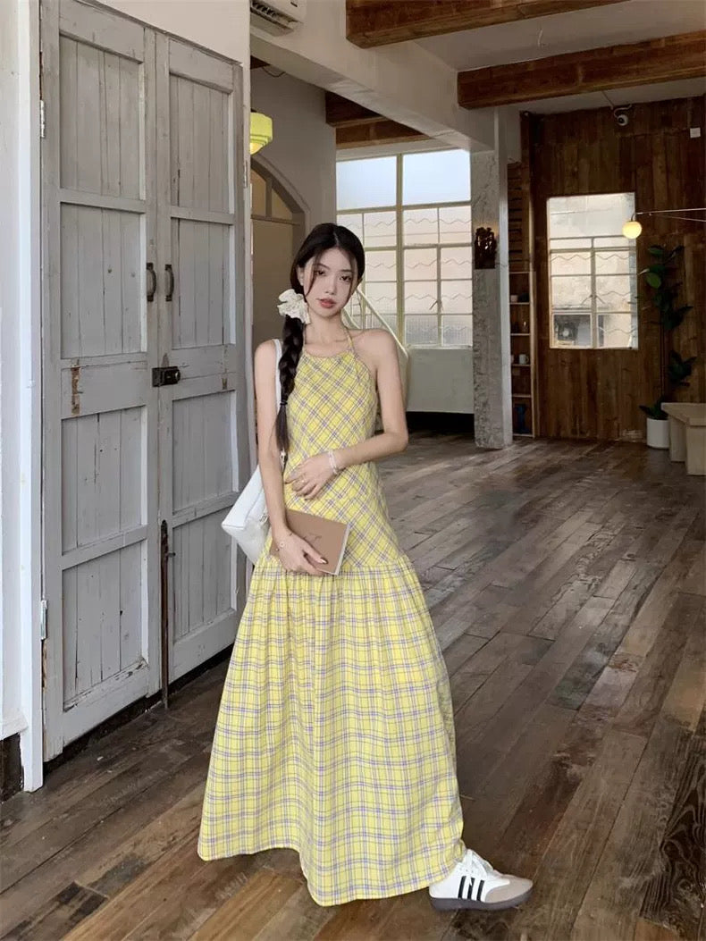 Grid Yellow Long Dress