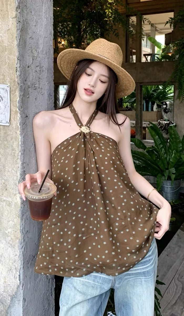 Polka Dot Round Neck Chiffon Long Top