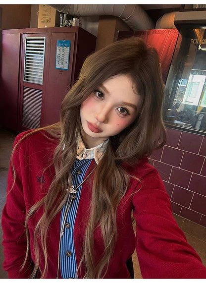 Polka Dot Collar Red Thin Knitted Top