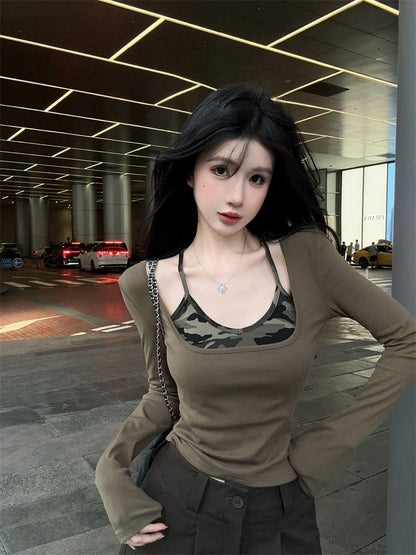 Army Print Long Sleeve Green/Grey Top