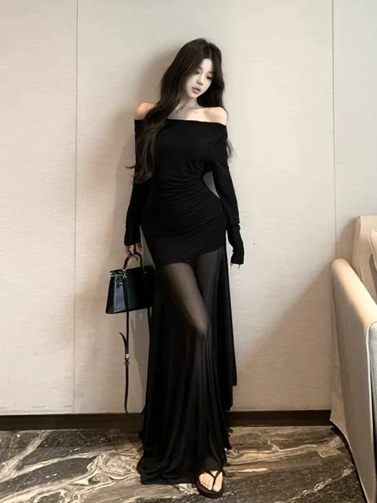 Off Shoulder Mix Mesh Long Sleeve Long Dress