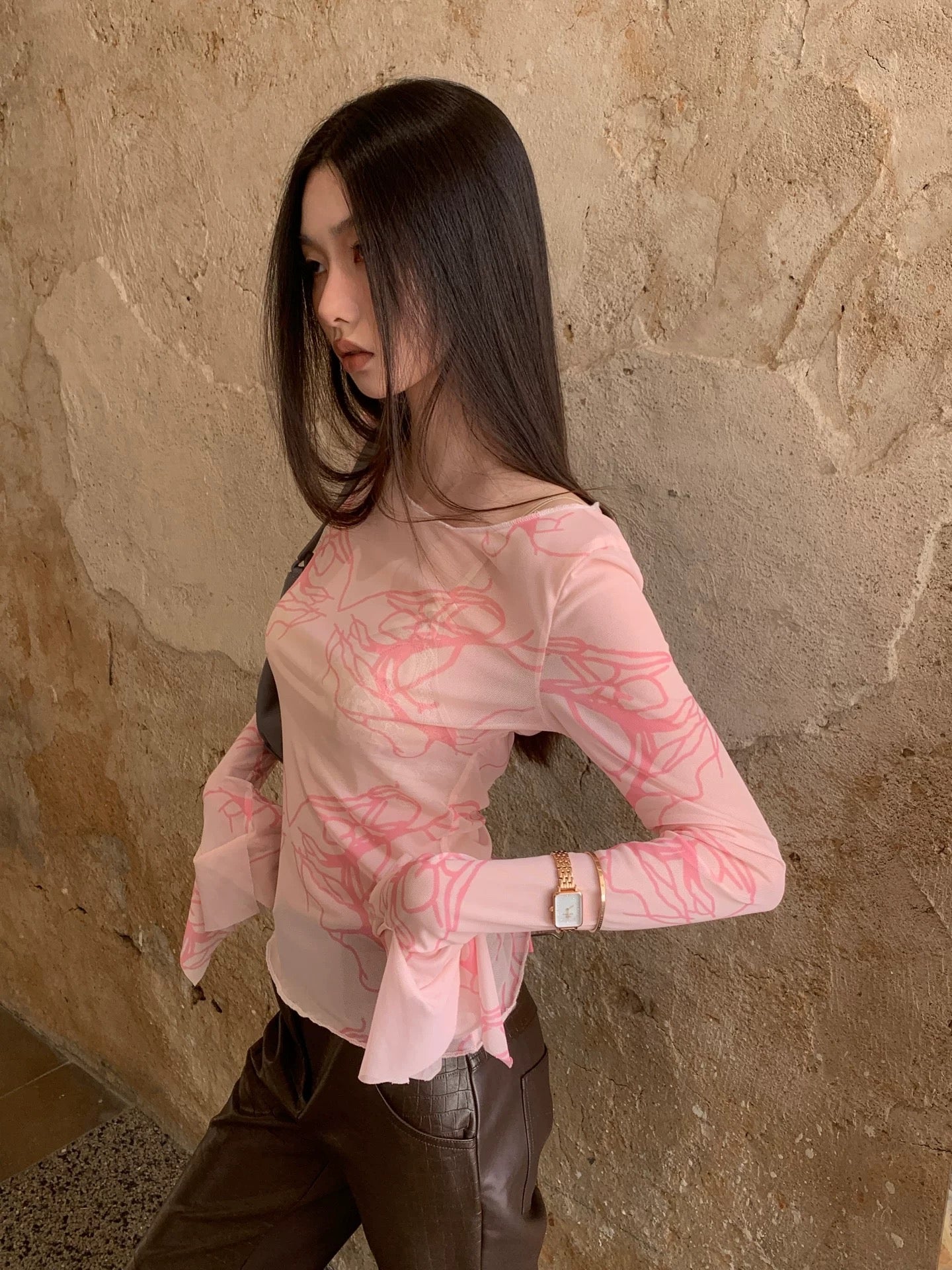 Pink Long Sleeve Mesh Top