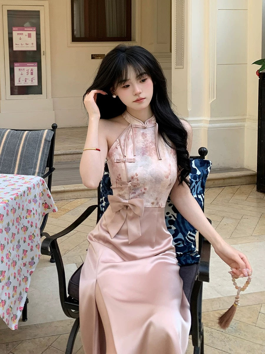 Pink Ribbon Sleeveless Cheongsam Long Dress (M)