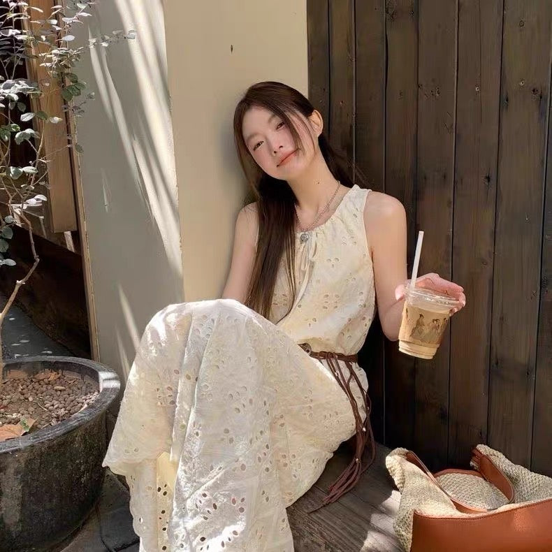 U Collar Embroidery Long Dress (Beige, White)