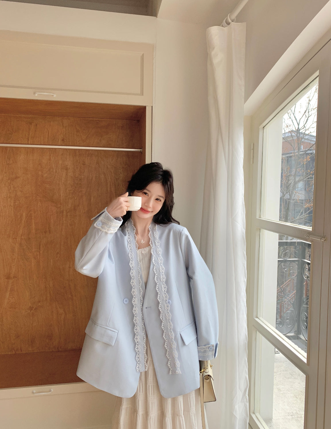 Blue Mix Lace Blazer Long Sleeve Jacket with Strap