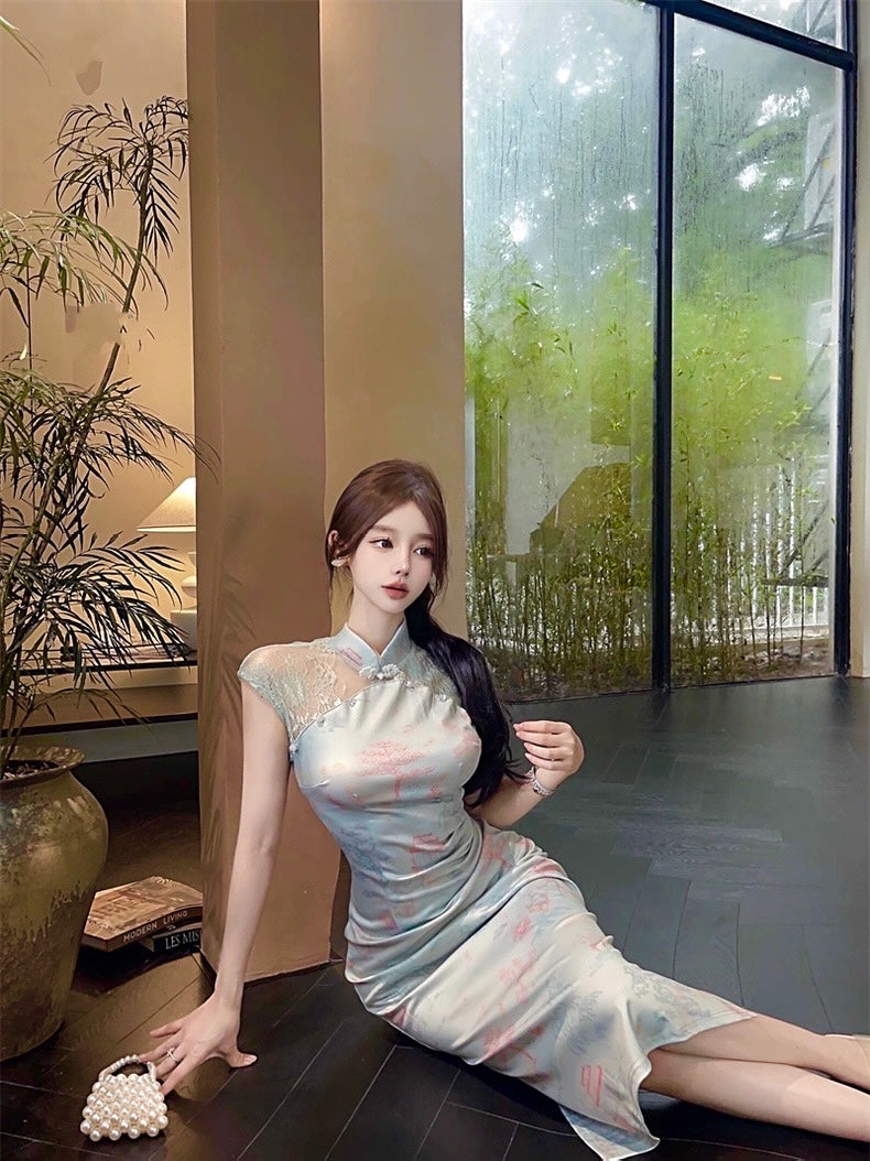 Green Lace Collar Cheongsam CD007 Long Dress