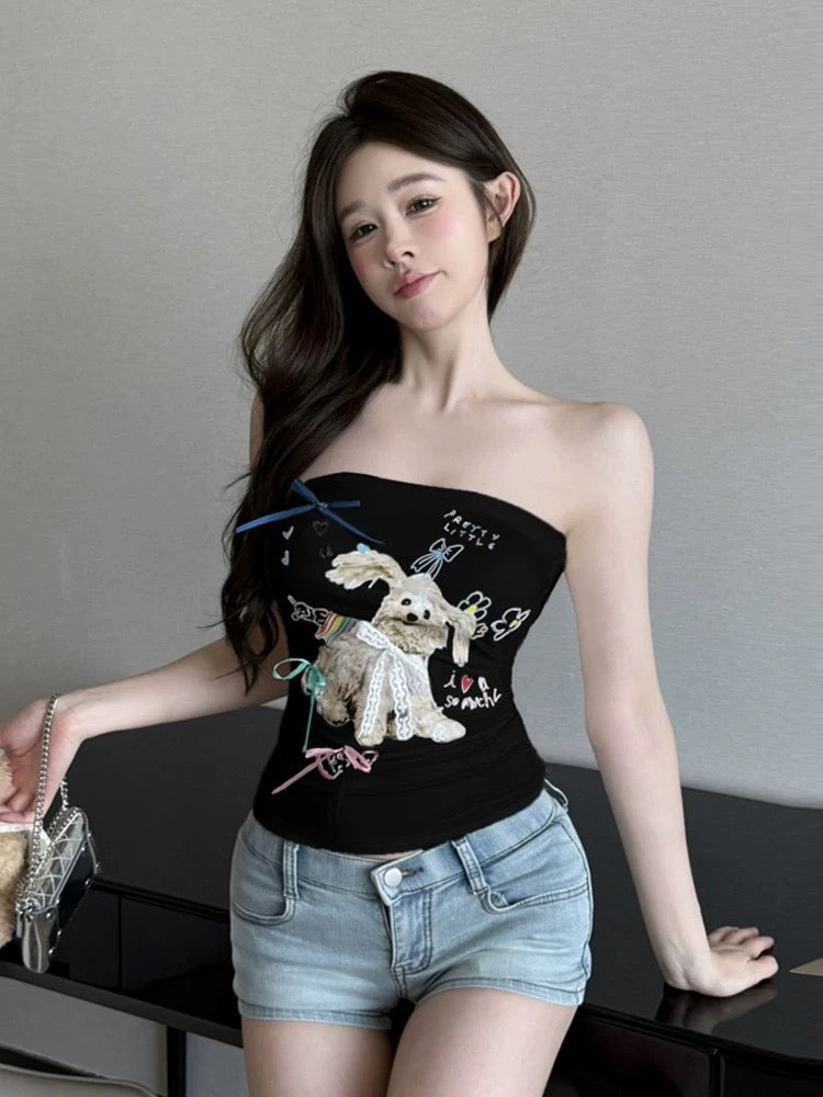 Cute Puppy Black Tube Top (S)