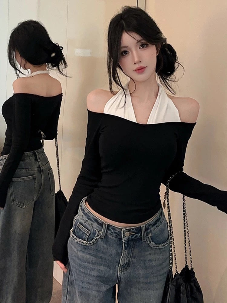 White Collar Black Long Sleeve Top