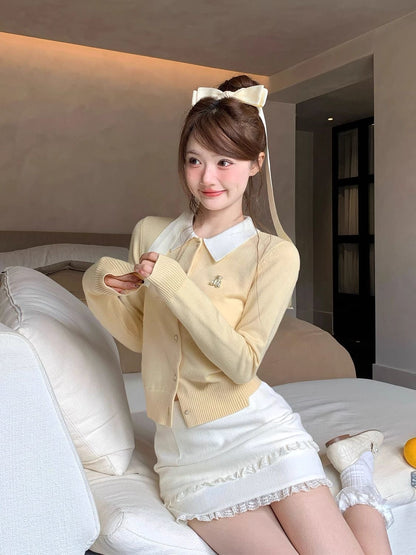 White Collar Yellow Long Sleeve Knitted Top