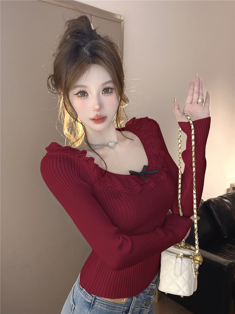 Red Knitted Long Sleeve Top