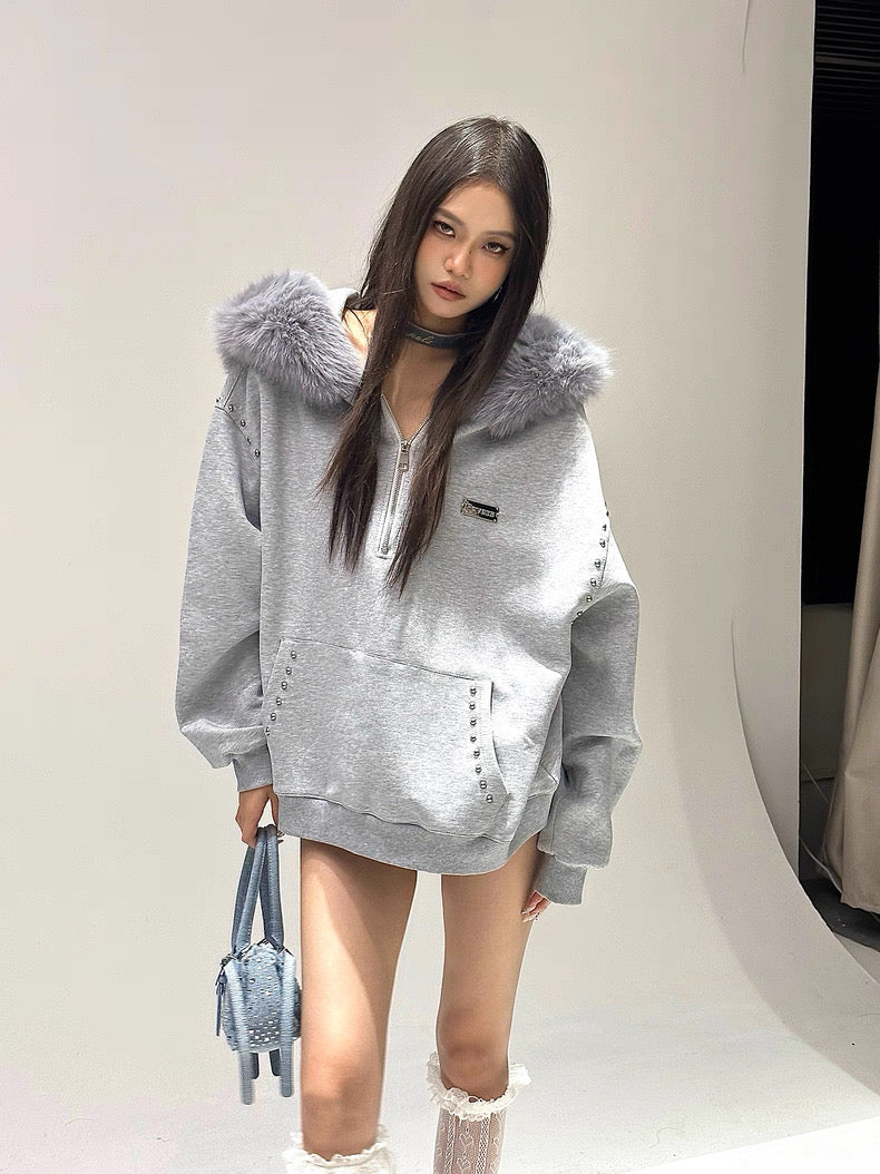 Grey Hoodie Long Sleeve Top