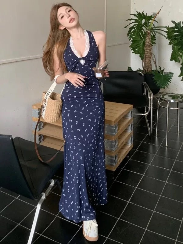 Round Collar Navy Long Dress (S)