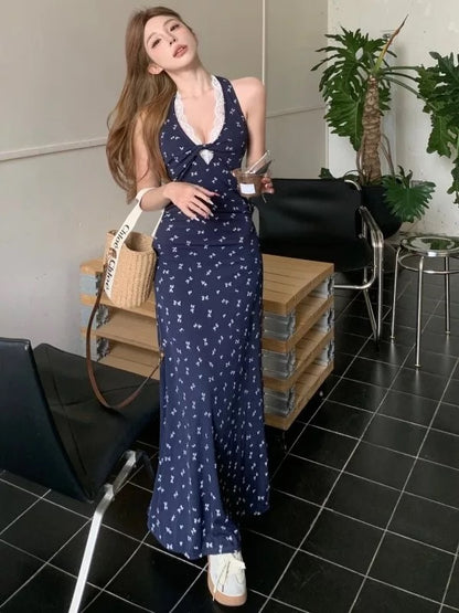 Round Collar Navy Long Dress (S)