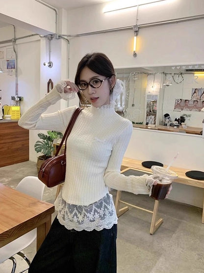 White Lace Long Sleeve Knitted Top