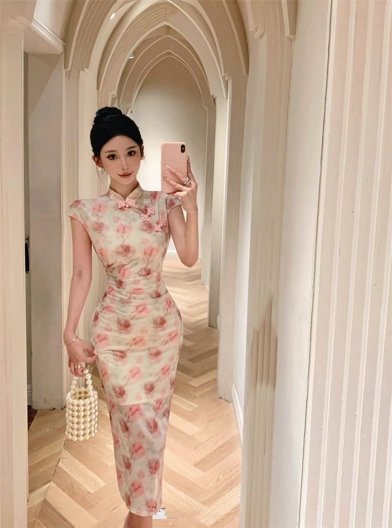 Pink Rose Beige Cheongsam CD020 Long Dress (S)