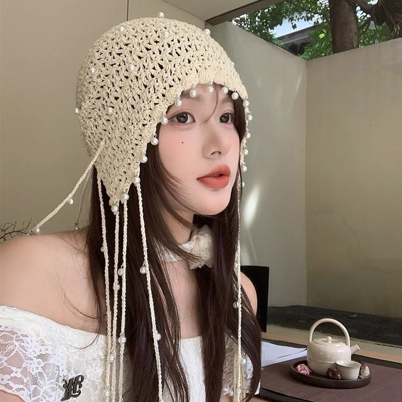 H11 Pearls Straps Knitted Embroidery Hat