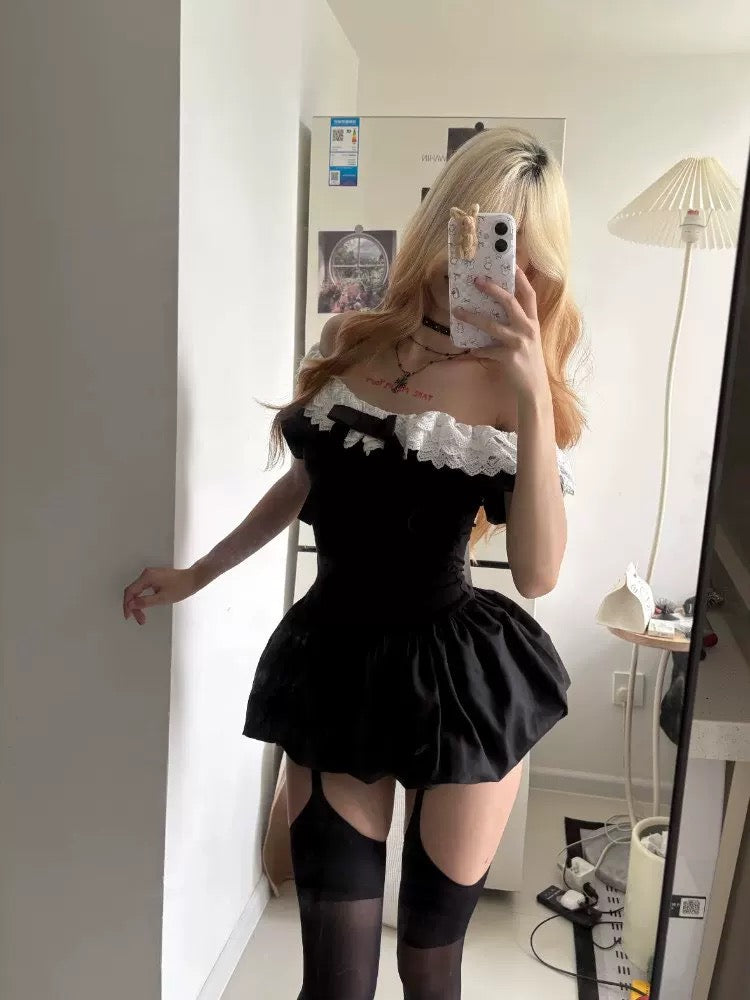White Lace Collar Black Dress + Shorts Two Piece Set