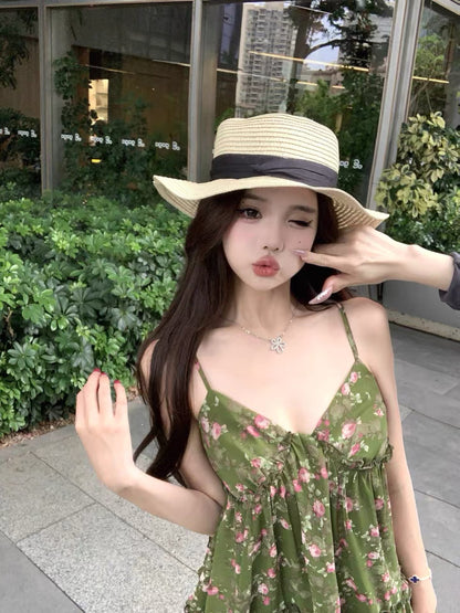 Green V Collar Chiffon Strap Floral Top