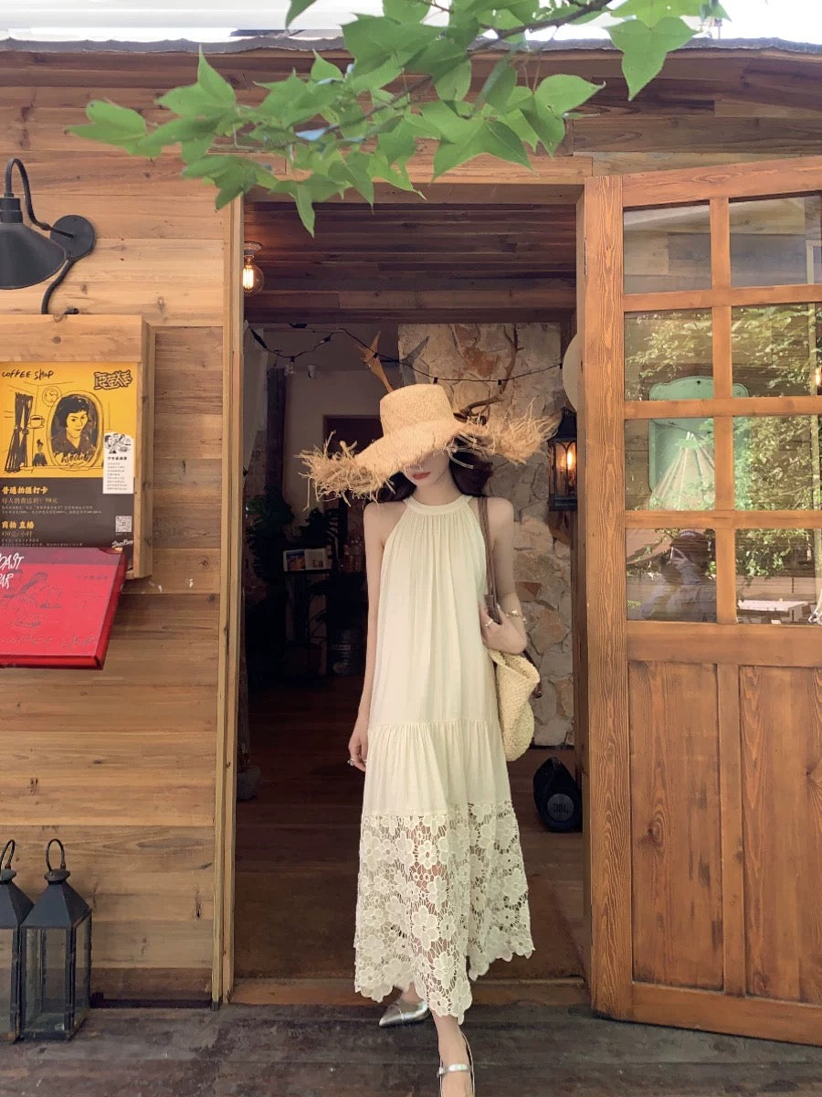 Beige Embroidery Floral Long Dress
