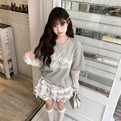 Grey Mix Lace Sleeve T Shirt Top