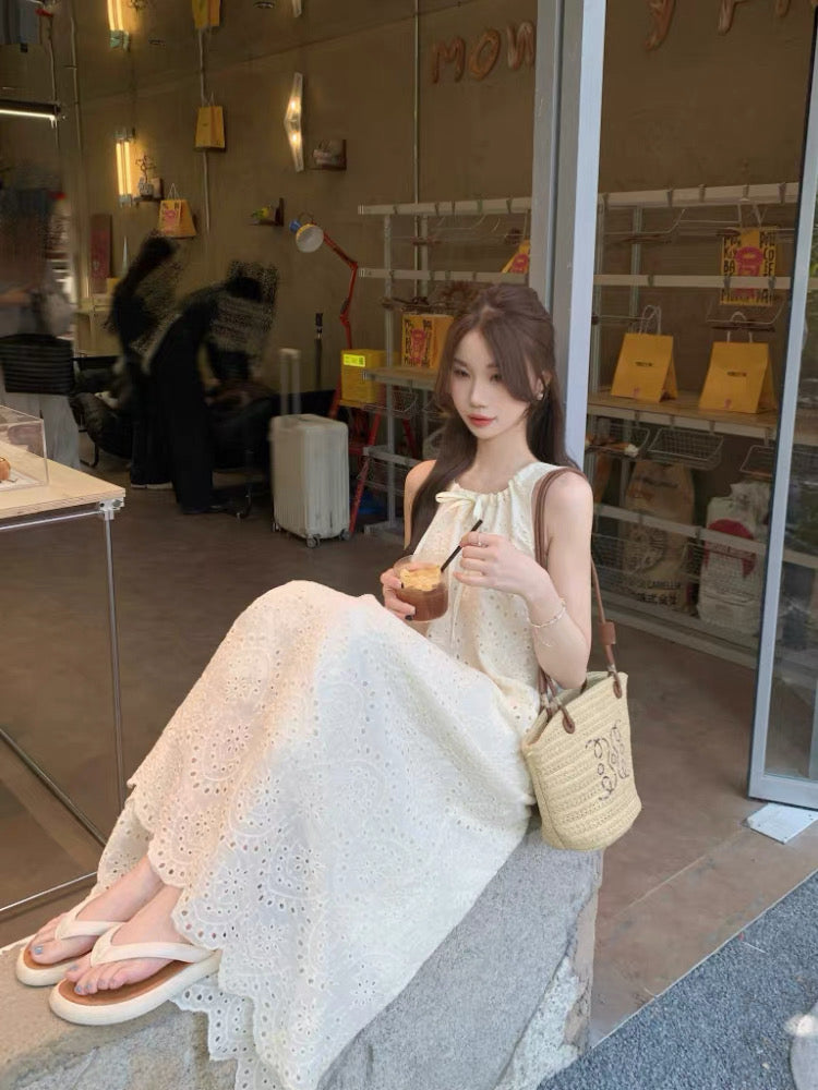 U Collar Embroidery Long Dress (Beige, White)