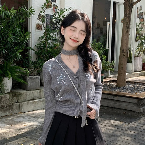 Shine Grey Long Sleeve Top With Collar Strap