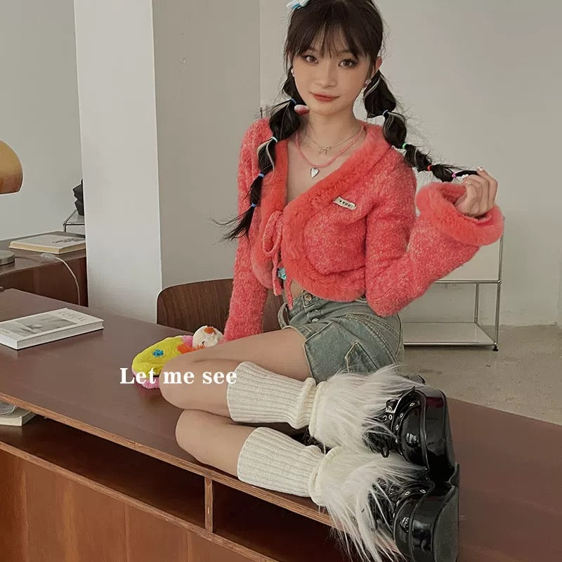 S018 Colour Bottom Furry Midi Socks