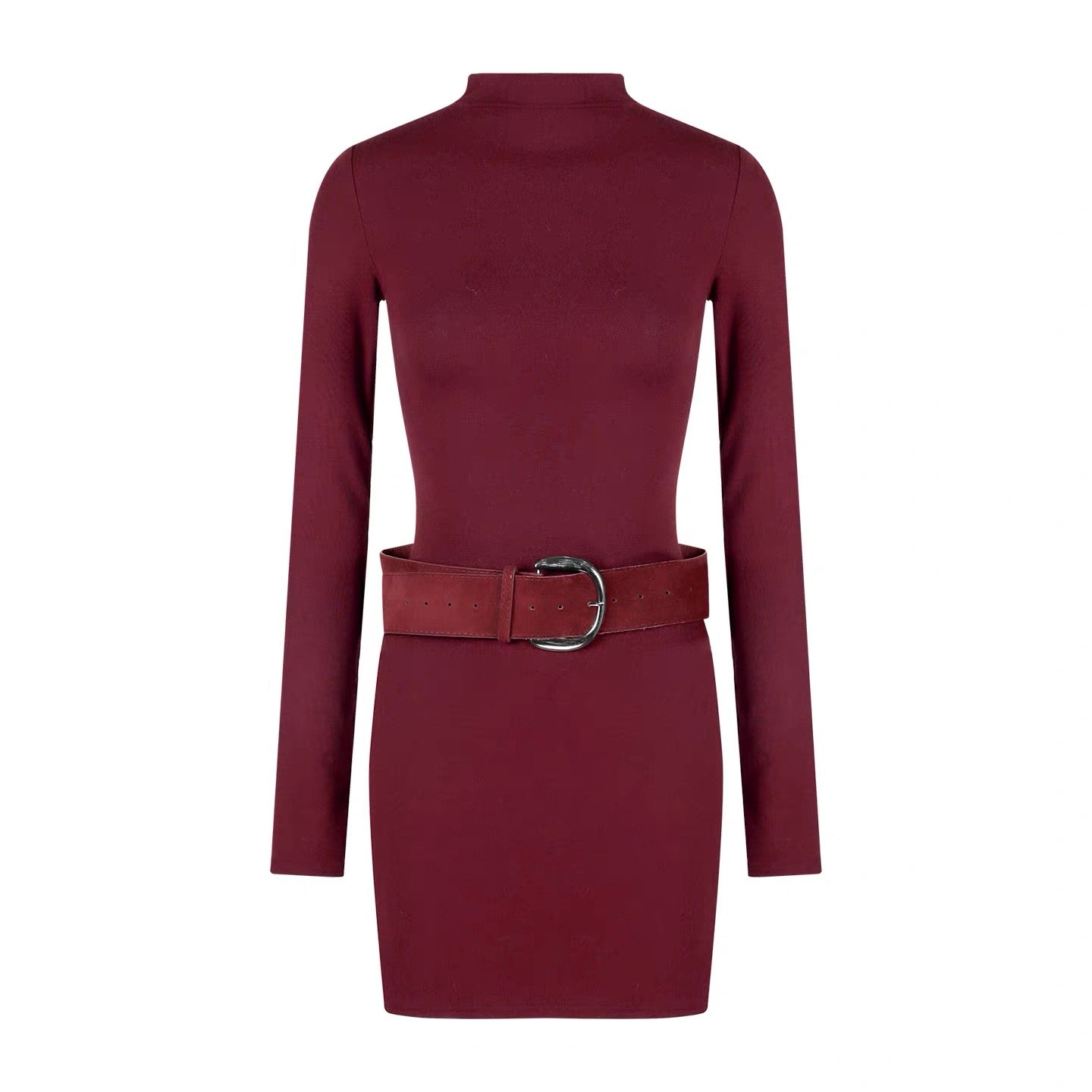 Red Wine Halter Collar Long Sleeve Dress with Belt